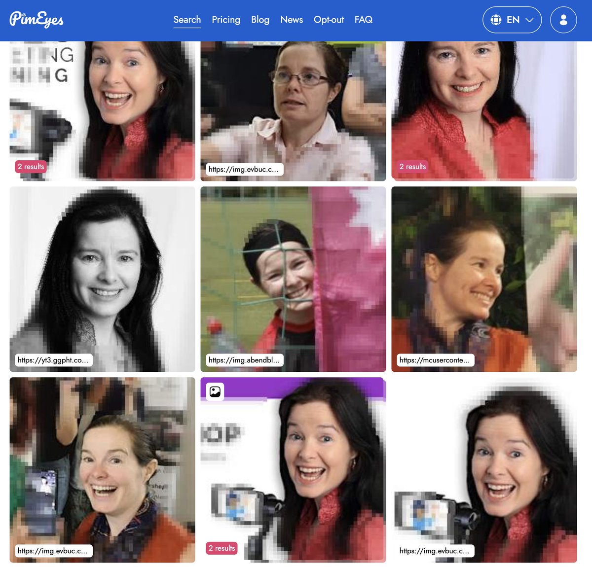 SnoozeCray's tweet photo. Google was afraid to release this AI and Europe might ban it. A full on facial recognition search engine. I feel like a walking barcode. #biometricidentification #pimeyes #facialrecognisiton #surveillance https://t.co/PemJ4gmtfw