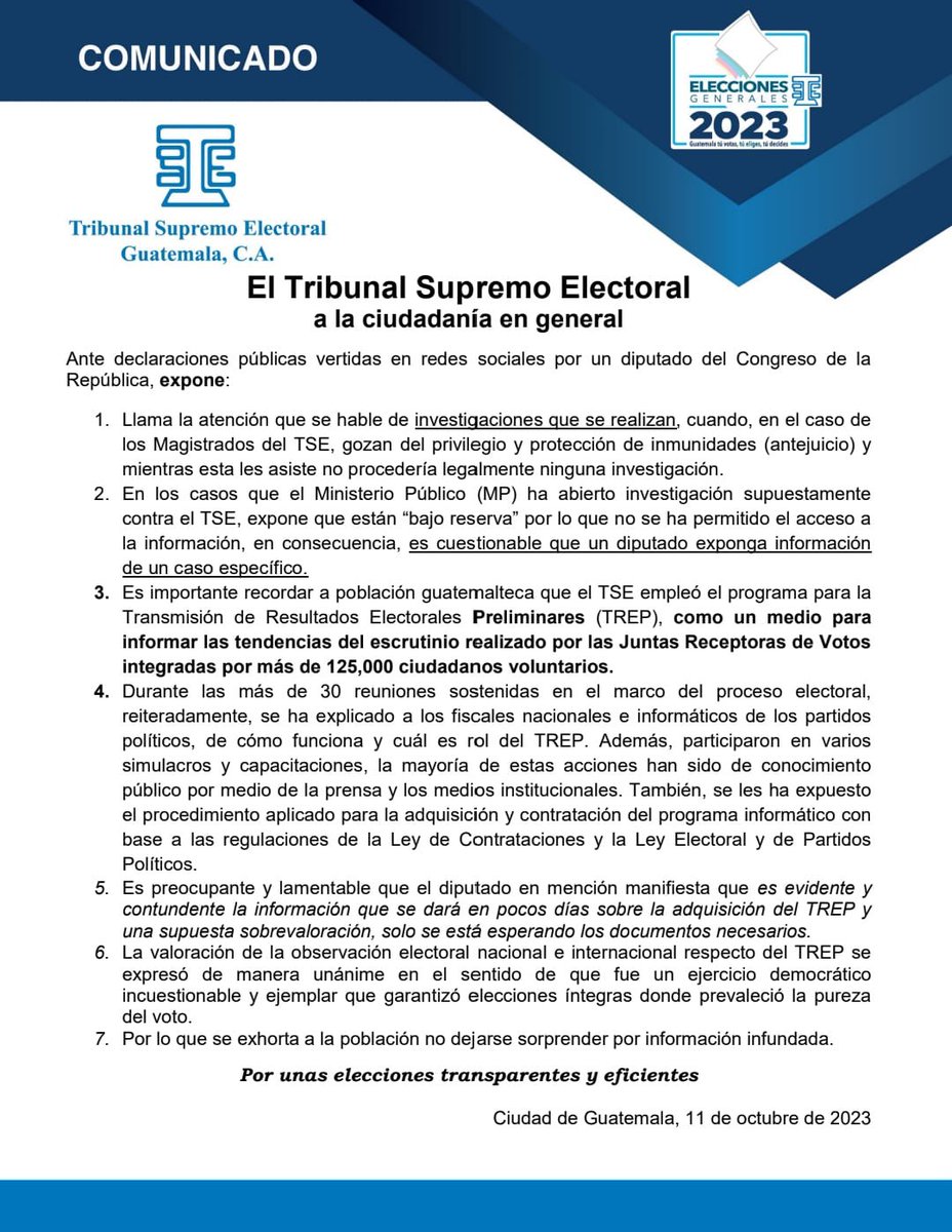 Comunicado | Ante declaraciones públicas vertidas en redes sociales, el Tribunal Supremo Electoral expone.