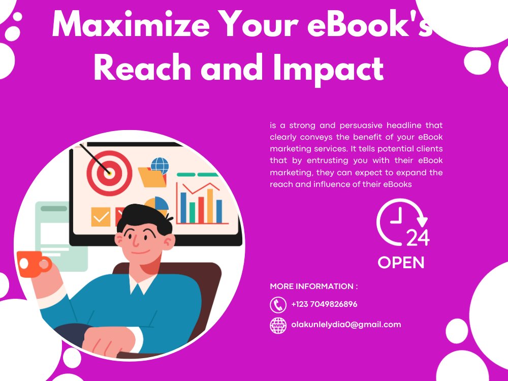 Maximize Your eBook's Reach and Impact – Let Us Handle the Marketing' is a strong and persuasive headline that clearly conveys the benefit of your eBook marketing services. 
#selfpublishing #ebookmarketing #suspense #asmsg #scifi #financialthriller
fiverr.com/s/8jABzp