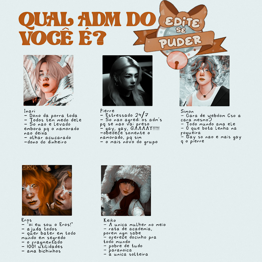 ᅟ  ᅟ  ‌
ᅟ  ᅟ             INTERAÇÃOZINHA!!! 🌟

Para essa noite de quarta-feira, nós ADM's decidimos fazer um joguinho com vocês. Com qual adm do projeto você se parece mais? Conta pra nós!

- 🦋