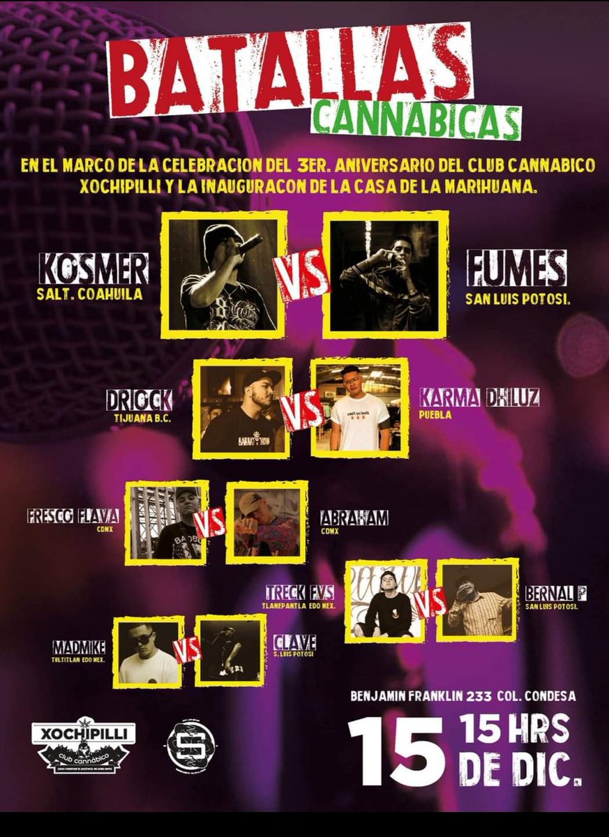 Diciembre2018, el año en el que todo comenzo #CcXochipilli y #SpitMx los primeros en confíar apoyar el camino de #BatallasCannabicas 
#MadMike y #Treck en cada edición hasta hoy ... #Driock de los que tienen que estar si o si en el Vol#5 de la liga.
Ya tienen sus 🎟️🎟️🎟️