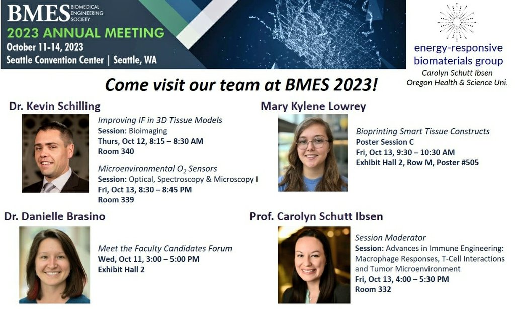 Our team is here at #BMES2023! Come hear our latest including work on active and responsive 3D #biomaterials for modeling dynamic tissues and microenvironmental sensors! We are also #hiring a #postdoc for our NIH-funded work-- get in touch to discuss or meet up! @BMESociety