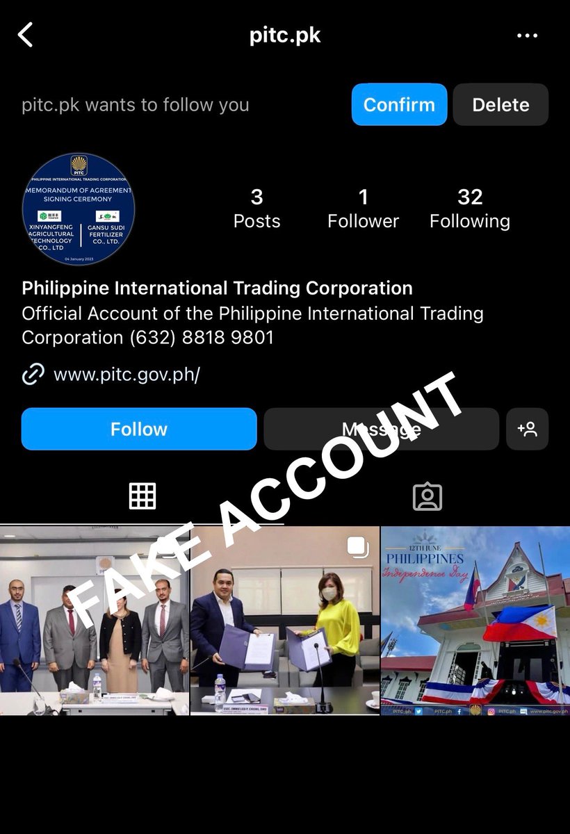 The public is warned  of an Instagram handle “pitc.pk” posing as official PITC Social Media Account. Please REPORT this impostor and only trust the official PITC Social Media Accounts: IG: pitc.ph | FB: pitc.ph
Stay vigilant online!