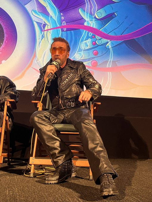 Love that Nic Cage's natural state of dress is rockabilly biker apocalypse and it doesn't even seem performative or out of place, just an obvious way Nic Cage would attend functions
