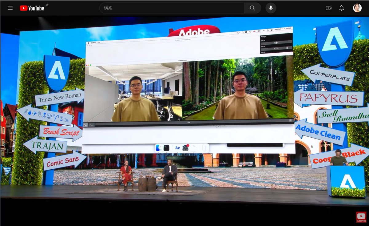 r360studio's tweet photo. #AdobeMAX Sneaks! 4つめは、#ProjectSceneChange
“Scene Change”が表すように、動画の背景を差し替える。ビデオ（動画）に対して、背景と前景の違和感をなくす。フレーム毎に明るさ、色合い、カメラの動きを動的に合わせる！マジで･･･。
これがあれば、ワンオペで自撮り動画を作れるなぁ。 https://t.co/T4j0c56EjG