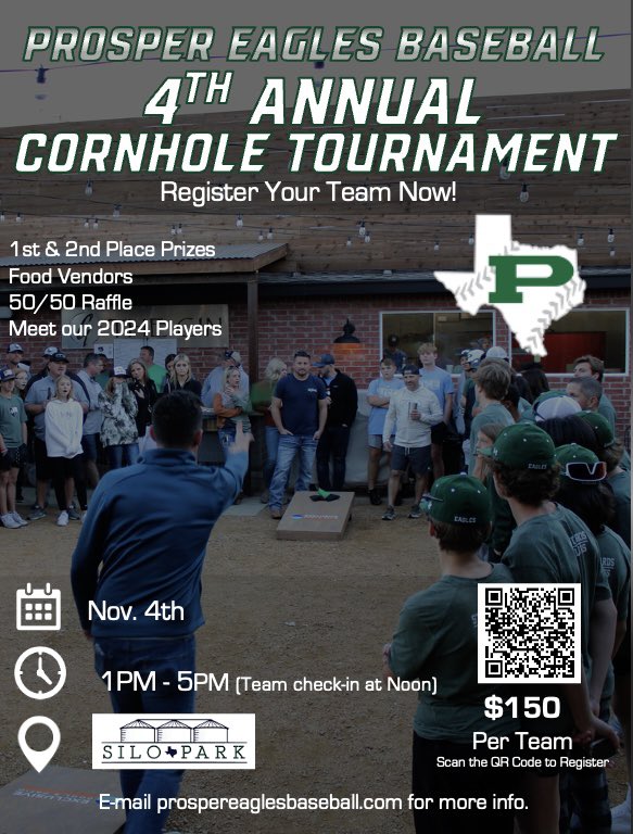 ThePHSBaseball's tweet photo. The Prosper Eagles Baseball 4th Annual Cornhole tournament is scheduled for Saturday, November 4th, at Silo Park in downtown Prosper. Register your team now for a chance to win prizes. Team registration deadline is October 27th.
  
https://t.co/8666JzM1Pr https://t.co/7PNfLbv5Wn