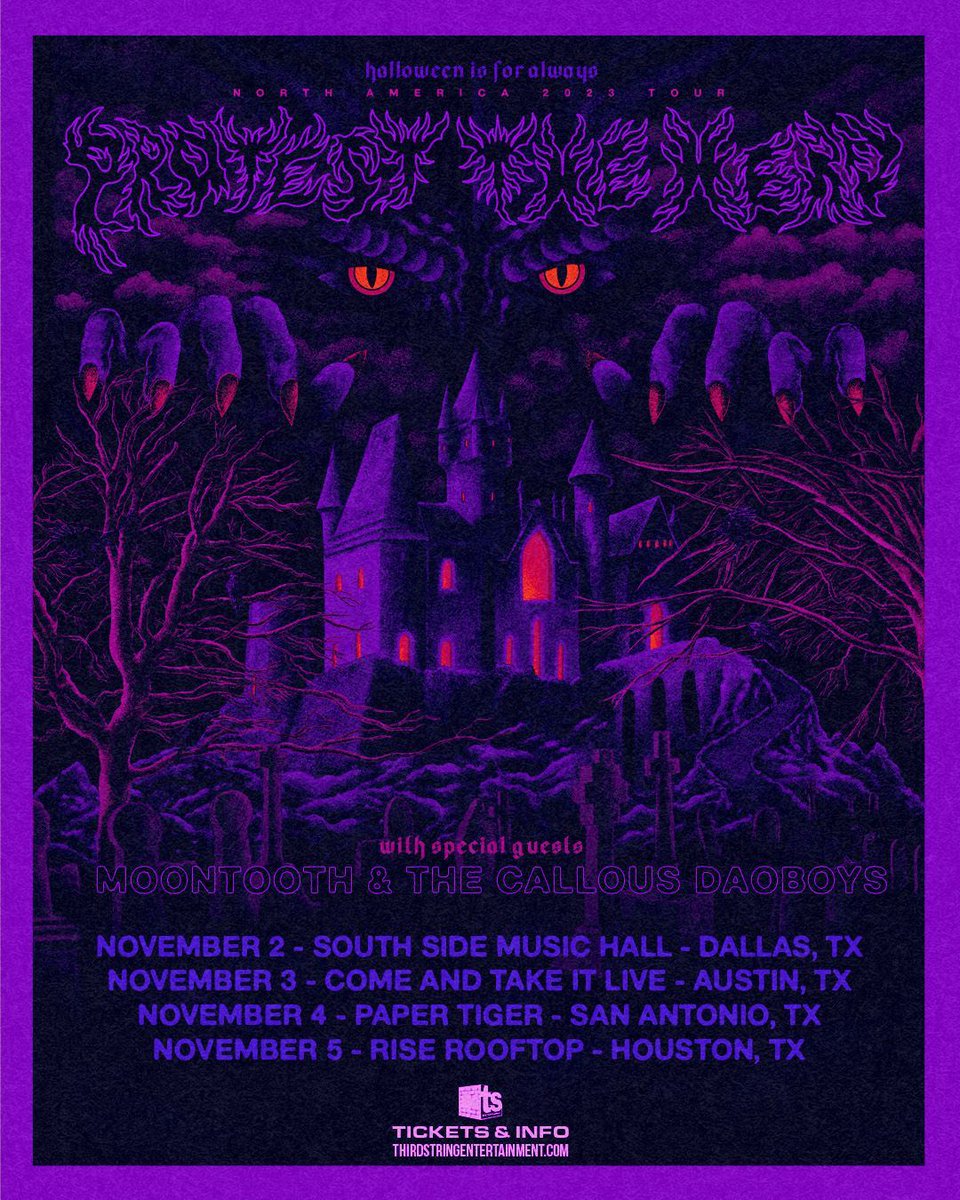 Third String Entertainment (@thirdstringent) on Twitter photo Catch @protestthehero all over Texas this November with special guests <a href="/MoonTooth1/">Moon Tooth</a> & @CallousDaoboys! 🖤
📍 DTX 11/2 at <a href="/gilleysdallas/">Gilley's Dallas</a>
📍 ATX 11/3 at <a href="/catilive/">Come And Take It Live</a>
📍 SATX 11/4 at <a href="/papertigersa/">Paper Tiger</a>
📍 HTX 11/5 at @riserooftop
Tickets for all dates: buff.ly/3Ip4rjO Catch @protestthehero all over Texas this November with special guests <a href="/MoonTooth1/">Moon Tooth</a> & @CallousDaoboys! 🖤
📍 DTX 11/2 at <a href="/gilleysdallas/">Gilley's Dallas</a>
📍 ATX 11/3 at <a href="/catilive/">Come And Take It Live</a>
📍 SATX 11/4 at <a href="/papertigersa/">Paper Tiger</a>
📍 HTX 11/5 at @riserooftop
Tickets for all dates: buff.ly/3Ip4rjO