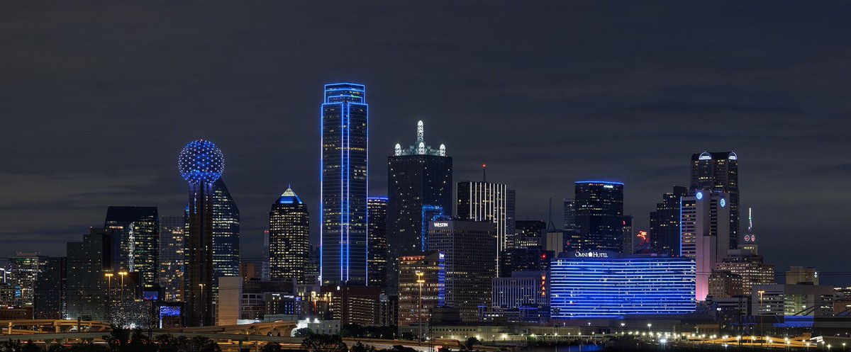 KBTDallasCM's tweet photo. @CityOfDallas stands with Israel tonight through lighting of the skyline in blue & white. Thanks to @josephhaubert for beautiful photo. #onedallas #dallas #PeaceInTheMiddleEast https://t.co/D0gZKIPTv3