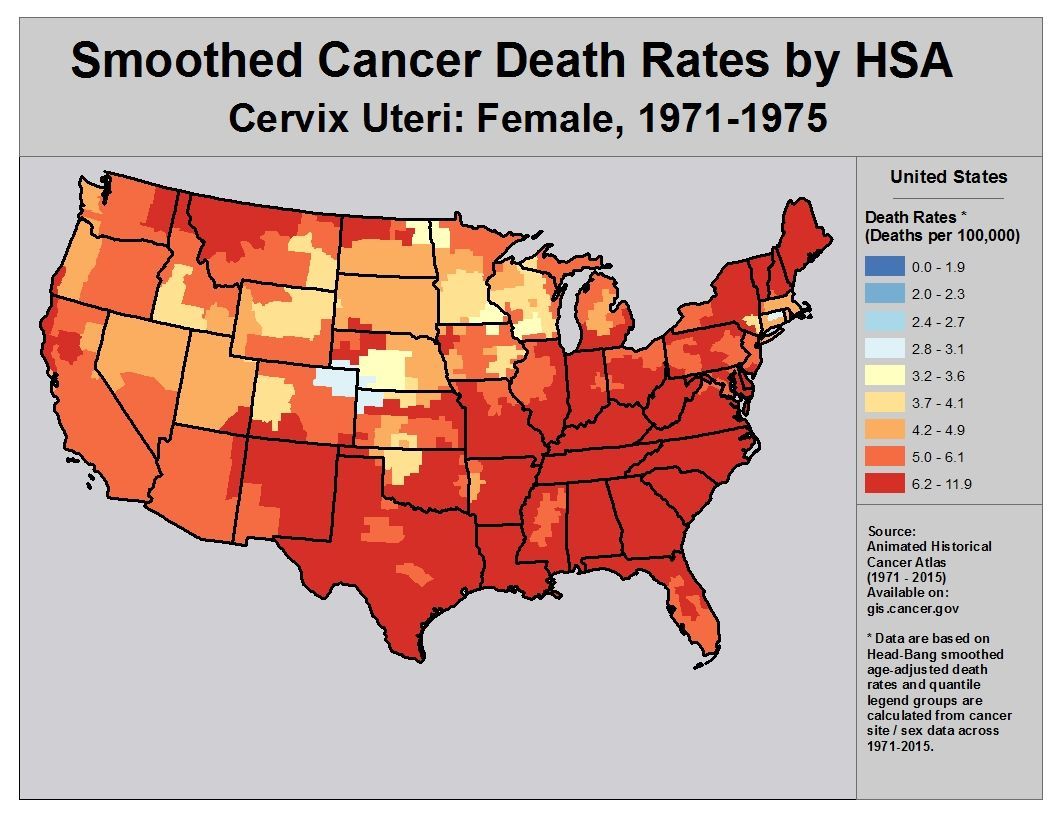 NCICancerStats's tweet photo. The #CervicalCancer death rate fell across the United States from 1971 to 2015. Cervical cancer screening and the HPV vaccine save lives! NCI’s Animated Historical Cancer Atlas can show you cancer rates by state and across the US; learn more here: https://t.co/5hTbnmSvPC #GynCSM https://t.co/lDefWMTI82