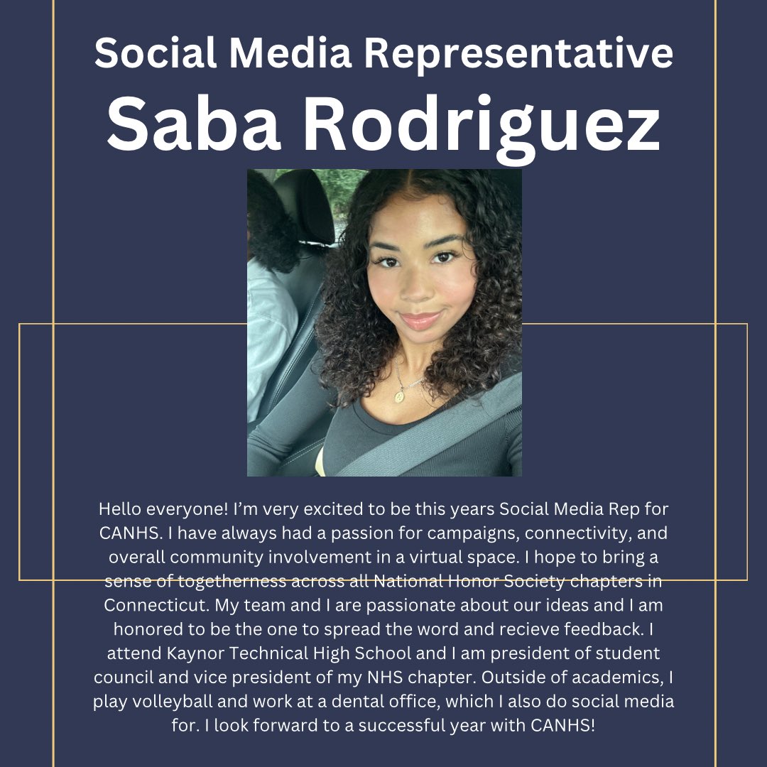 Introducing our CANHS Social Media Representative for the 2023-2024 school year, Saba Rodriguez! 

#youngleader #HelpingCTHealth #president #CANHS
