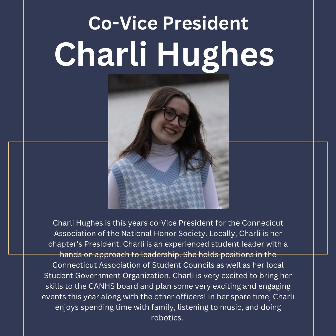 Introducing our CANHS Co-Vice President for the 2023-2024 school year, Charli Hughes! 

#youngleader #HelpingCTHealth #president #CANHS