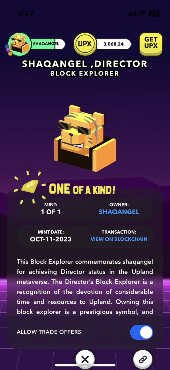 SHAQANGEL1's tweet image. 2年近く前からやっている
お気に入りのゲーム UPLAND
最近 一定ランクのプレイヤーに向け
盤ゲームの駒にあたるBlock Explorer
をオリジナルで作成してくれるサービスがあって 今日届きました♬
とても良い出来!最高!ありがとう!
#upland #BlockExplorer