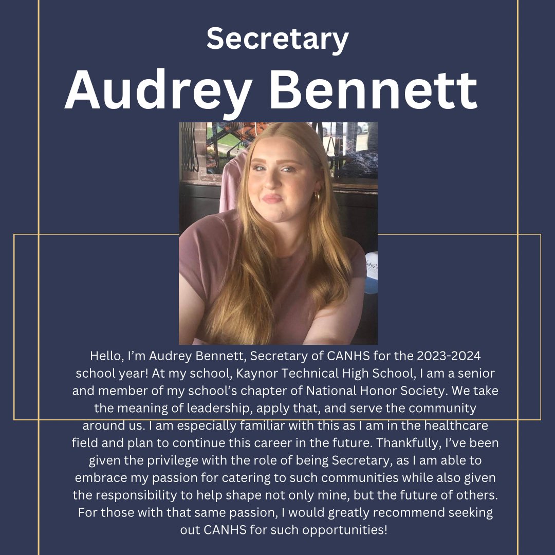 Introducing our CANHS Secretary for the 2023-2024 school year, Audrey Bennett! 

#youngleader #HelpingCTHealth #president #CANHS