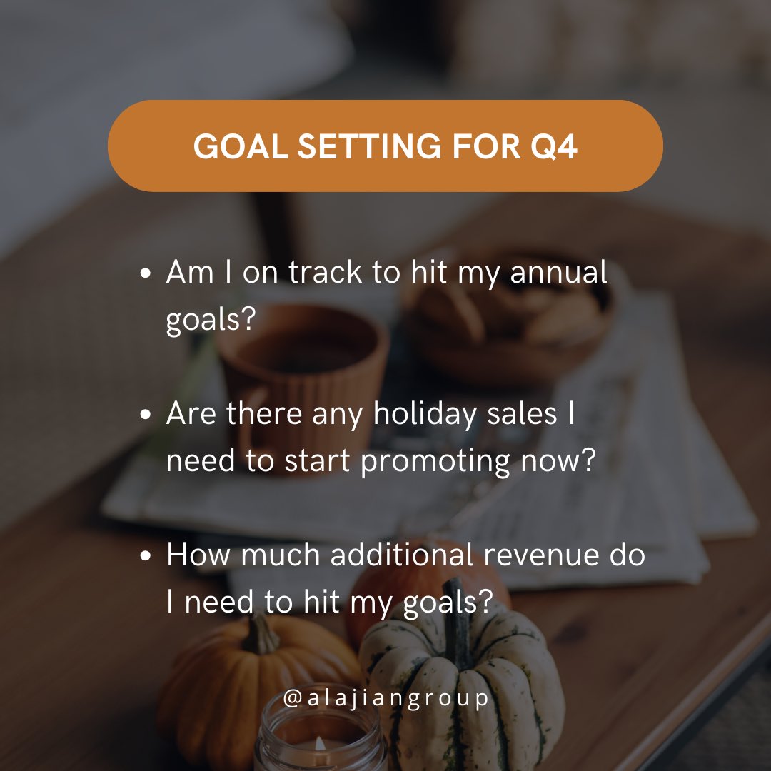 AlajianGroup's tweet photo. Creeping into the 4th quarter like a ghost in the night!🎃👻

#4thquarter #goals #goalsetting #annual #holidaysale #expenses #investment #resources #promotion #tax #accounting #alajiangroup https://t.co/eas5jgOa52