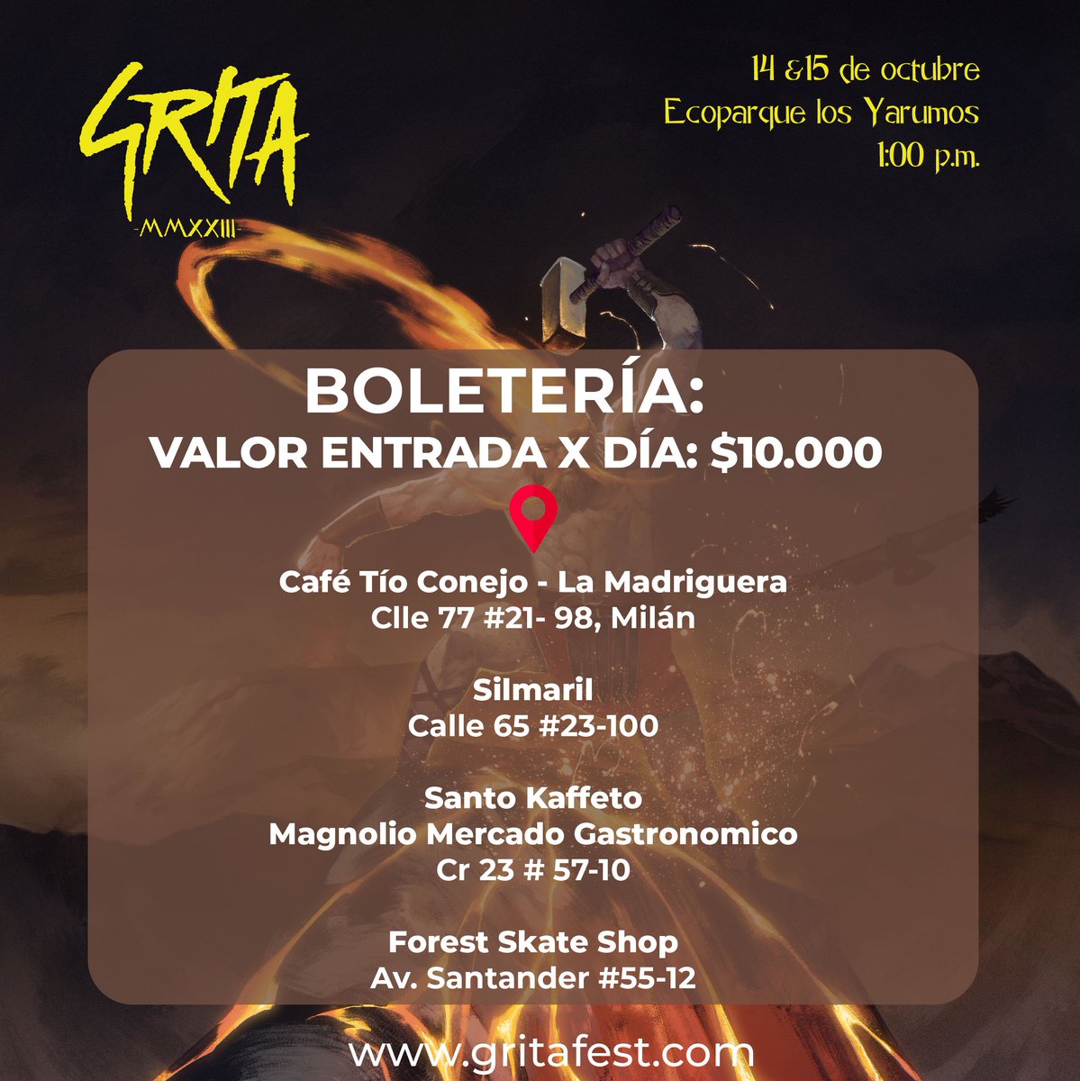 grita_festival's tweet photo. Ya están a la venta las boletas para #Grita2023 14 y 15 de octubre en Ecoparque los Yarumos 
👉🏽Valor por día: $10.00

Adquieralas en 👇🏽
@CafeTioConejo
@SilmarilCR
@santokaffeto - Magnolio
#forestskateshop
También en la taquilla del Ecoparque los Yarumos los días del Festival. https://t.co/ANCwwmuuw9