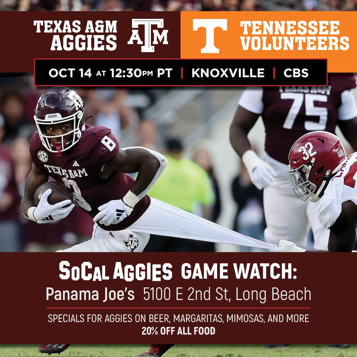 SoCalAggies's tweet photo. The Aggies will be on the road in Knoxville this week, but SoCal Aggies will still be in Long Beach! Join us at Panama Joe's at 12:30 on Saturday for the Tennessee Game Watch! https://t.co/Topnfgz685