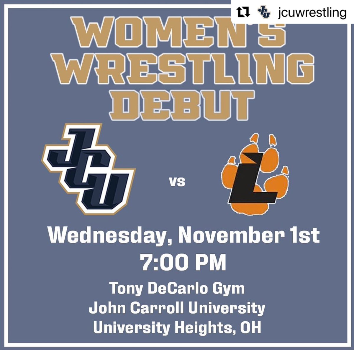 OhioMatMedia's tweet photo. #Repost @jcuwrestling 
Save the Date! November 1st. 

The first ever women’s collegiate wrestling match in Cleveland. 

#jcuwrestling vs @lourdeswomenswrestling 

3 weeks from tonight!!

#wrestlelikeagirl #growwomenswrestling https://t.co/ip9fbpoSjV