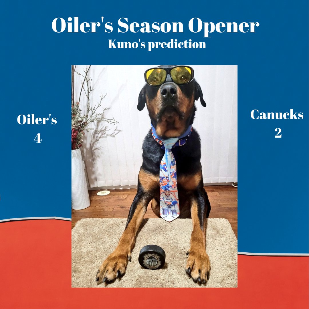 Welcome to the Oiler's Season Opener woof coverage! Tonight my home team, @EdmontonOilers will be in Vancouver playing the @Canucks! This means I'm getting goaltreats tonight! Yep. 1 treat every time my Oiler's score. I get a bonus treat for hat tricks, if we win and if my game…