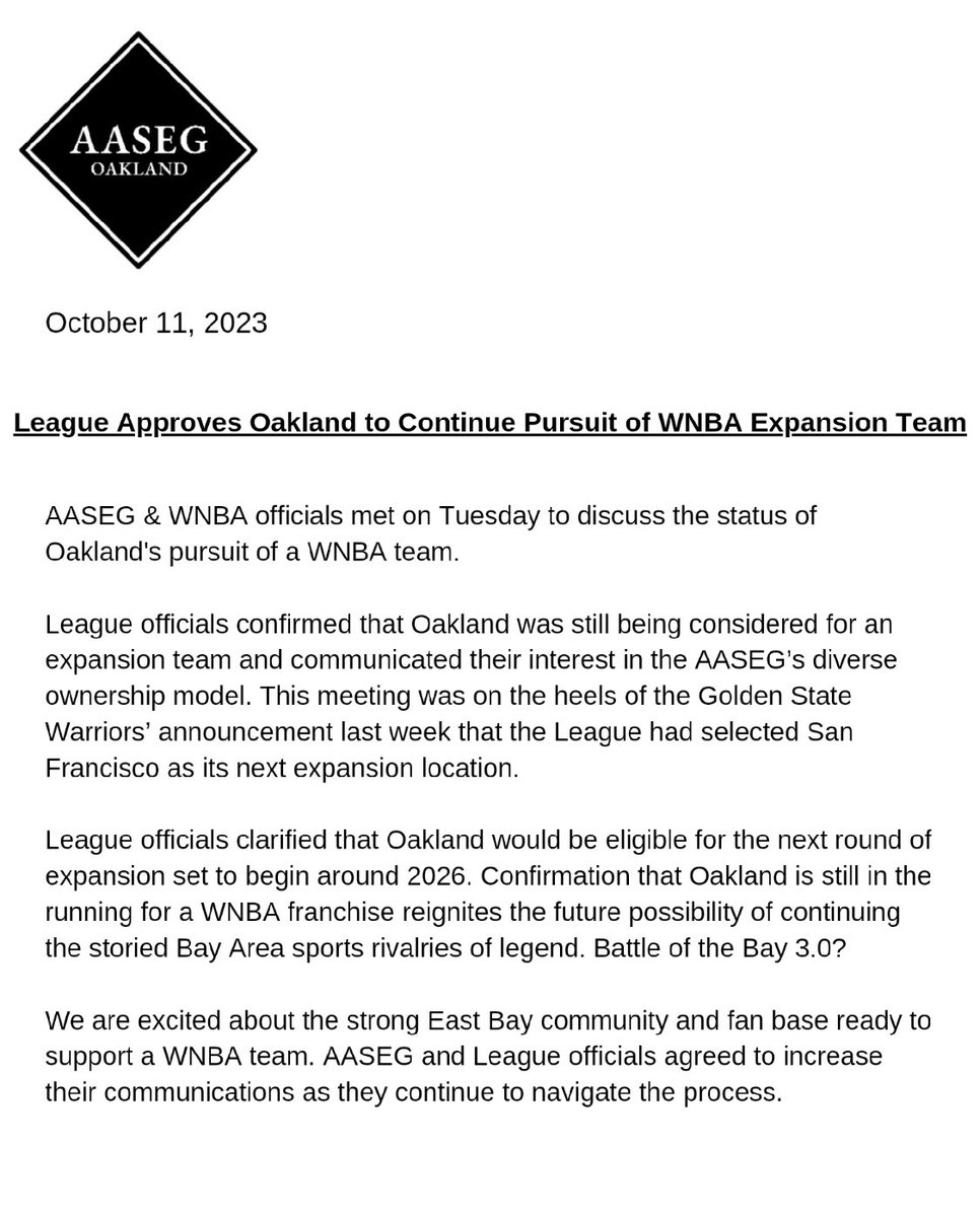 Breaking: League Approves Oakland to Continue Pursuit of WNBA Expansion Team Statement Below