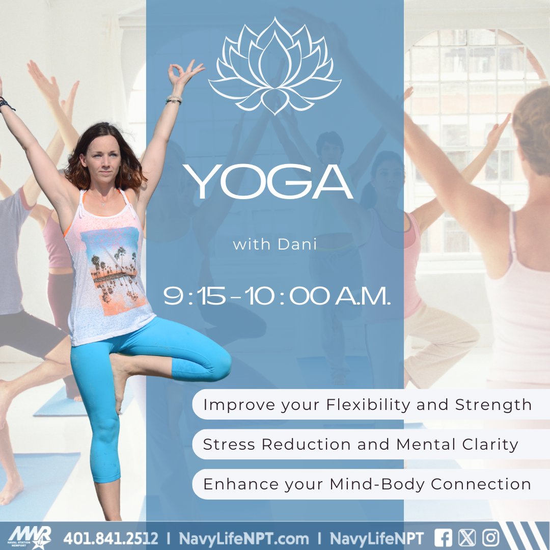 NavyLifeNPT's tweet image. 🧘‍♀️ Unlock Your Inner Strength, Embrace Flexibility, &amp;amp; Join Dani's Yoga Class Thu, 9:15-10 am. Open to all AD, RES, RET, DEP (16+), VET (100% disabled) &amp;amp; DoD w/valid ID &amp;amp; base access. #NavyFitness #Yoga #StrengthAndFlexibility #InnerJourney
