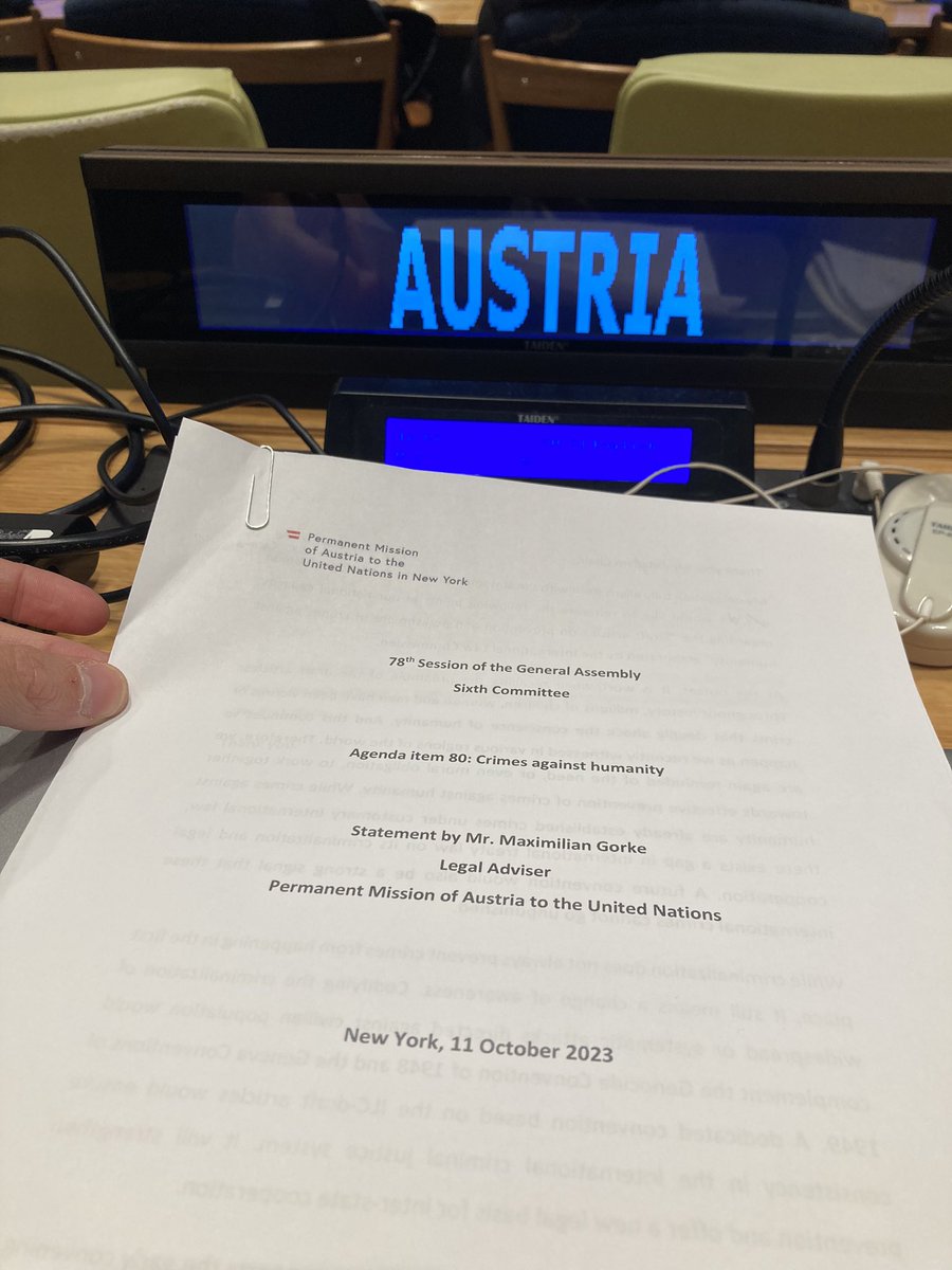 AustriaUN's tweet photo. Crimes against humanity must be prevented. By working towards a convention on the prevention and punishment of crimes against humanity, we can make an important step towards minimising the likelihood of those crimes happening. #6thcommittee #InternationalLaw https://t.co/aUDkxAlYk5