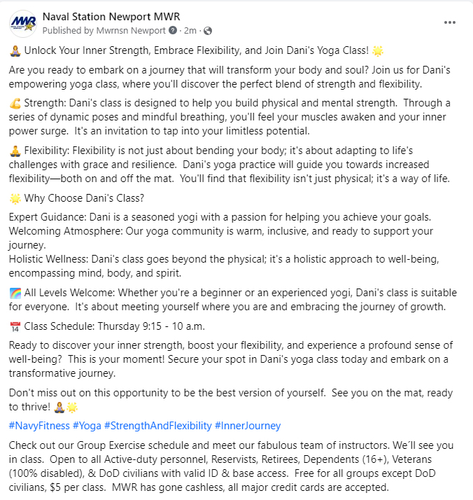 NavyLifeNPT's tweet image. 🧘‍♀️ Unlock Your Inner Strength, Embrace Flexibility, &amp;amp; Join Dani's Yoga Class Thu, 9:15-10 am. Open to all AD, RES, RET, DEP (16+), VET (100% disabled) &amp;amp; DoD w/valid ID &amp;amp; base access. #NavyFitness #Yoga #StrengthAndFlexibility #InnerJourney