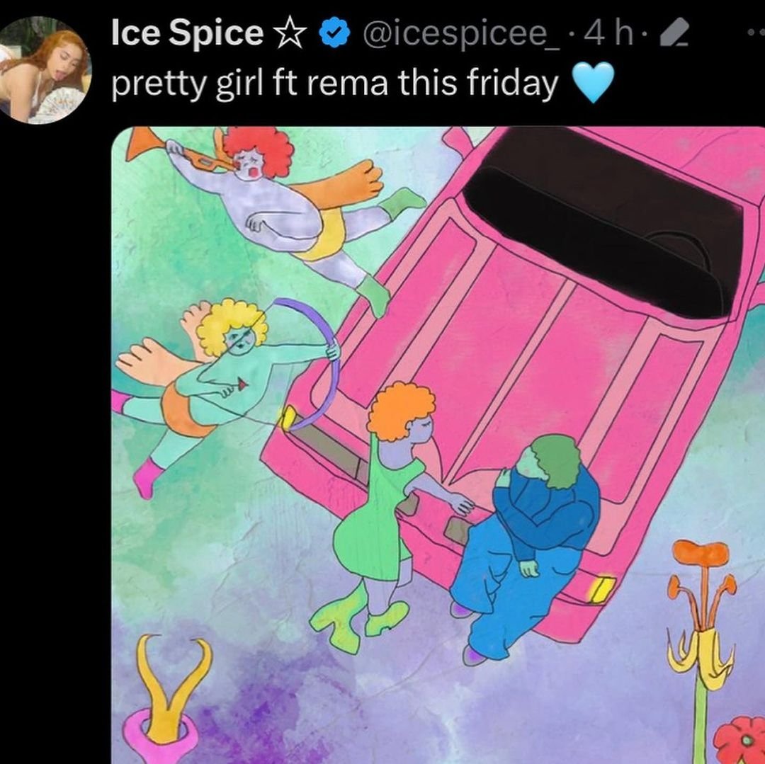 GUESTofficiel's tweet photo. Ice Spice l'a annoncé sur X .. un feat avec la star nigériane Rema sortira ce vendredi et sera intitulé PRETTY GIRL 🔥

#GUEST #IceSpice #Rema #prettygirl https://t.co/xv1iJpynoG