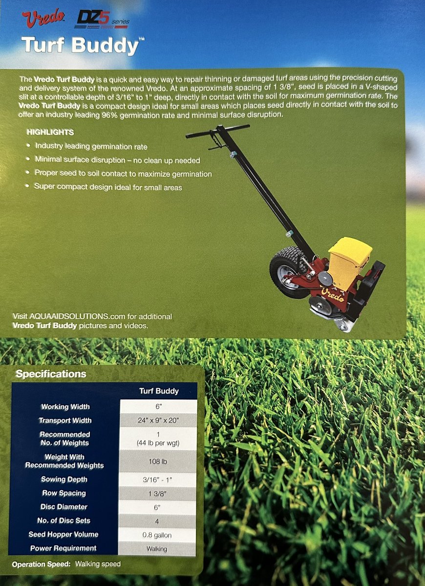 IHCCGreenkeeper's tweet photo. @GolfsoupJones @SamStimmel @Solutions4Turf @ZackingleT @VredoDodewaard It’s a push slit-seeder Dave, and it’s as cute as can be! #TurfBuddy https://t.co/ezMi1Z8L19