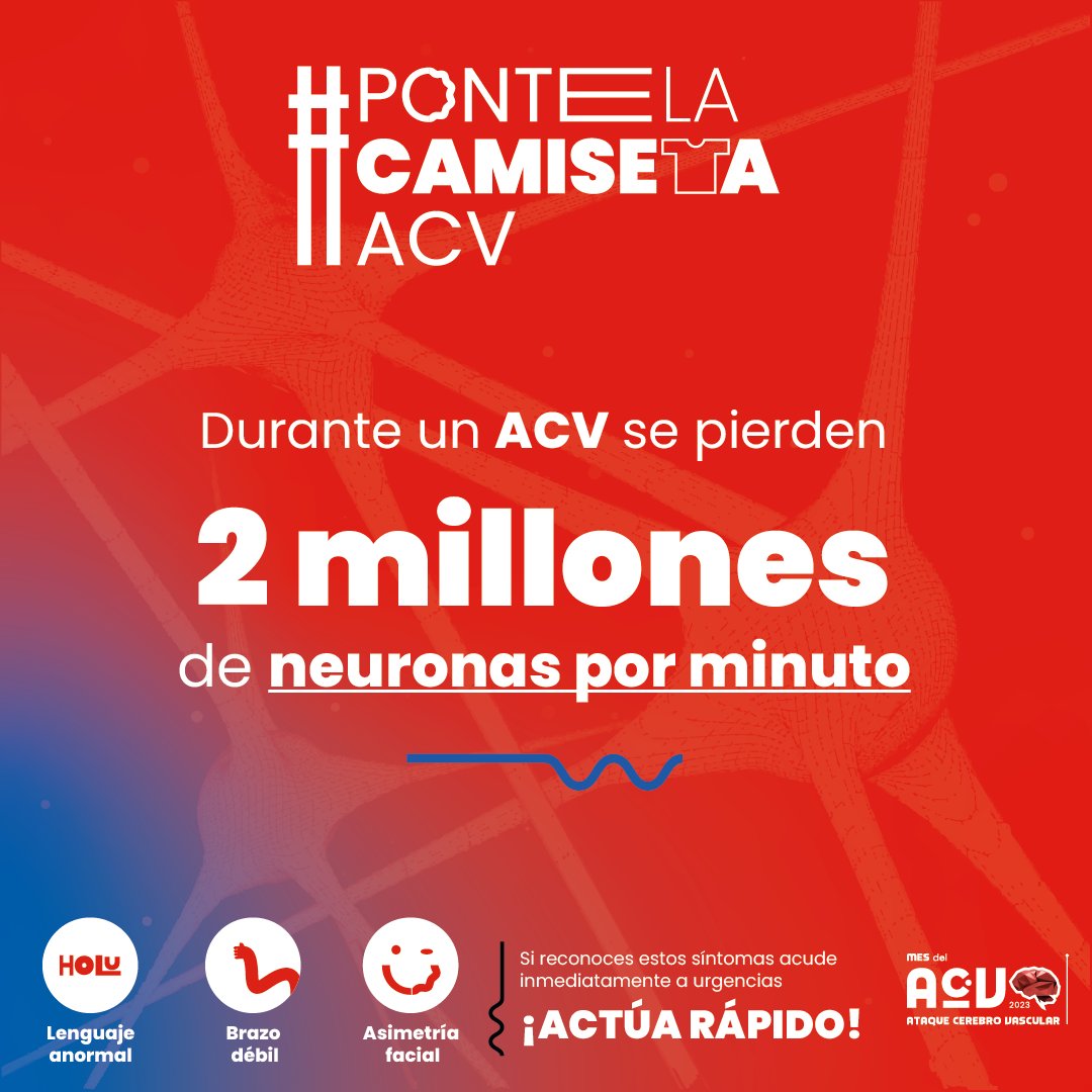 ACEVE_Chile's tweet photo. Las consecuencias de un #ACV pueden llegar a ser fatales 🧠 ¡Actúa rápido!
Si identificas alguno de los síntomas, acude inmediatamente a Urgencias.
#PonteLaCamisetaACV👕 y ayúdanos a informar a la comunidad https://t.co/NRbGpy3f3b