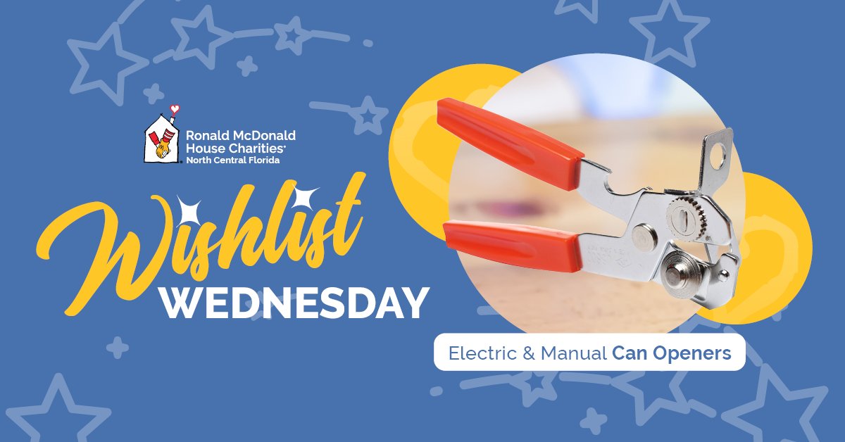 RMHCNCF's tweet photo. 🥫 Popping into your feed this #WishlistWednesday with a request for Electric & Manual Can Openers for our kitchen! We need this item to assist us in meal prep for our families. If you'd like to help, shop & ship directly to us! 🍽️ #forRMHC #KeepingFamiliesClose https://t.co/hufcOBXN9w