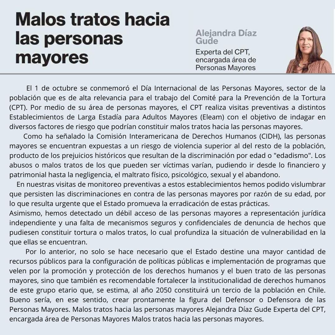 DefensorMayores's tweet photo. Buen análisis desde el Comité para la Prevención de la Tortura, (entidad de DDHH, autónoma, creada en Chile x Ley 21.254) sobre los malos tratos hacia #personasmayores y medidas para erradicarlos. En institucionalidad necesaria recomienda crear  #DefensoriaPersonasMayores https://t.co/ewl9iqKZrJ