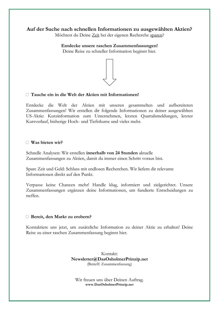 Indextrader_net's tweet photo. Auf der Suche nach schnellen Informationen zu ausgewählten Aktien? 

Möchtest du Deine Zeit bei der eigenen Recherche sparen? 

Entdecke unsere raschen Zusammenfassungen!

Kontakt:
Newsletter@DasOsholmerPrinzip.net 
(Betreff: Zusammenfassung)

Wir freuen uns über Deinen Auftrag. https://t.co/GSHoxH6tba