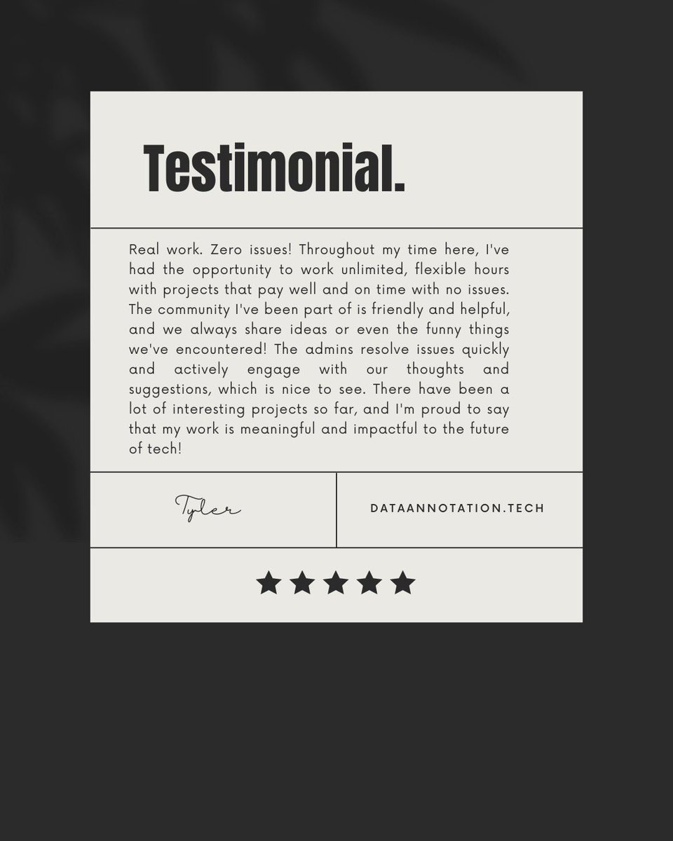 Data_Annotation's tweet image. We love to hear from our worker community. Check out our assessment today and join us! Link in bio. 🔗 #DataAnnotation
