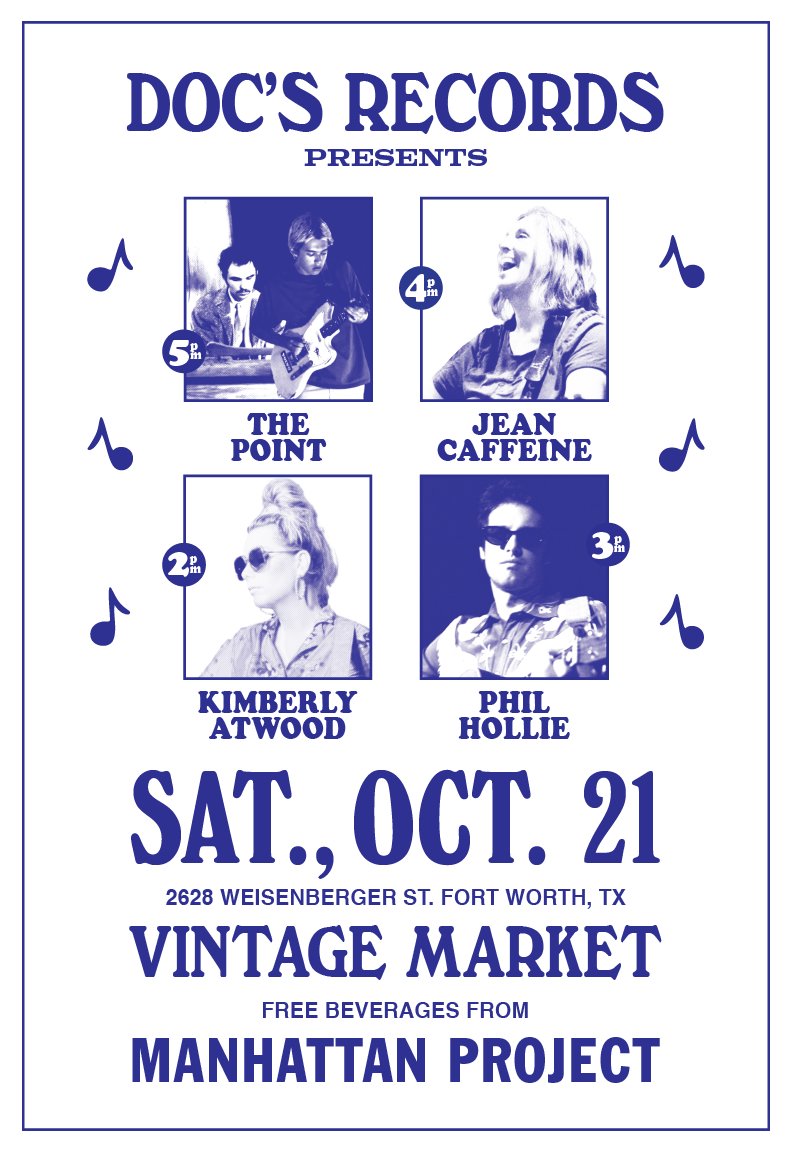 Mark those calendars!! October 21st Doc's Record's &amp; Vintage will be hosting another monthly party. This time featuring local heat from Phil Hollie, The Point,  Kimberly Atwood and superstar <a href="/JeanCaffeine/">Jean Caffeine</a>. As always, we'll have free beer courtesy of <a href="/mpbeerco/">Manhattan Project</a>, so don't miss it!!