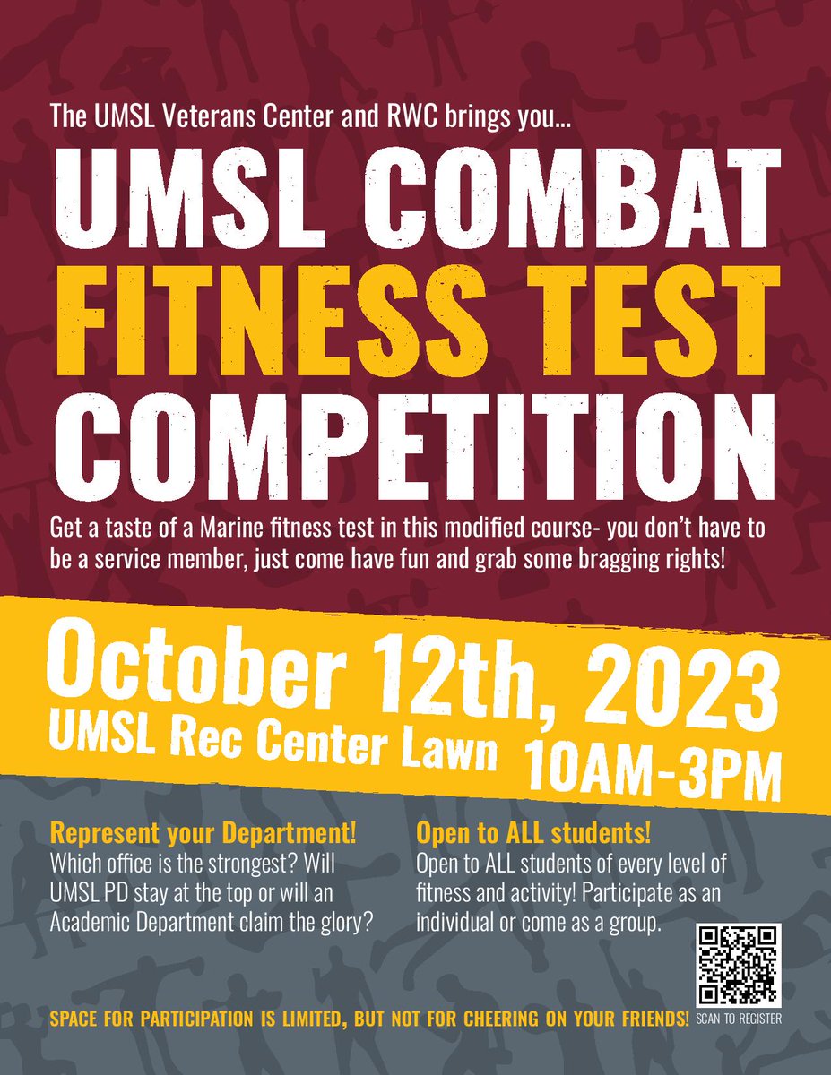 UMSLCareers's tweet photo. The Veterans Center is holding a combat fitness test tomorrow from 10 to 3 in the Rec Center Lawn. Open to all students! https://t.co/6OzBPjq0oo