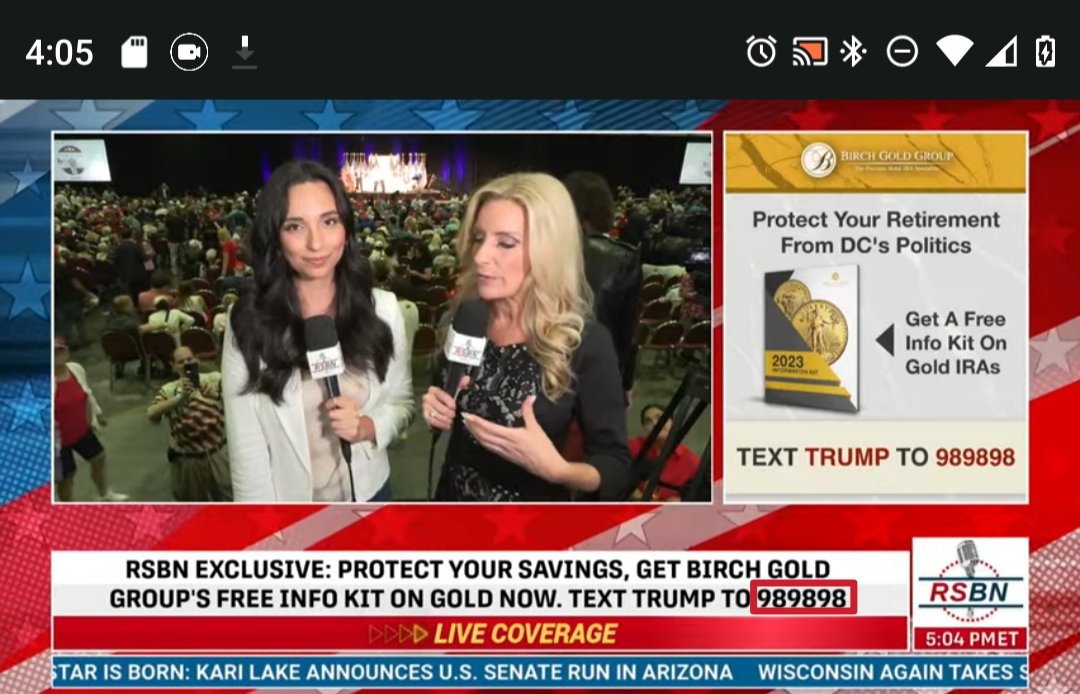 This is on RSBN while waiting for Trump to take the stage at Club47
Funny story, it changed from 45-47 & skipped 46. The club is preparing for POTUS to be back in the WH:)
But odd they didn't change the name to club 46 isn't it? 
+
Text TRUMP TO 989898 or 17•17•17
GOLD.