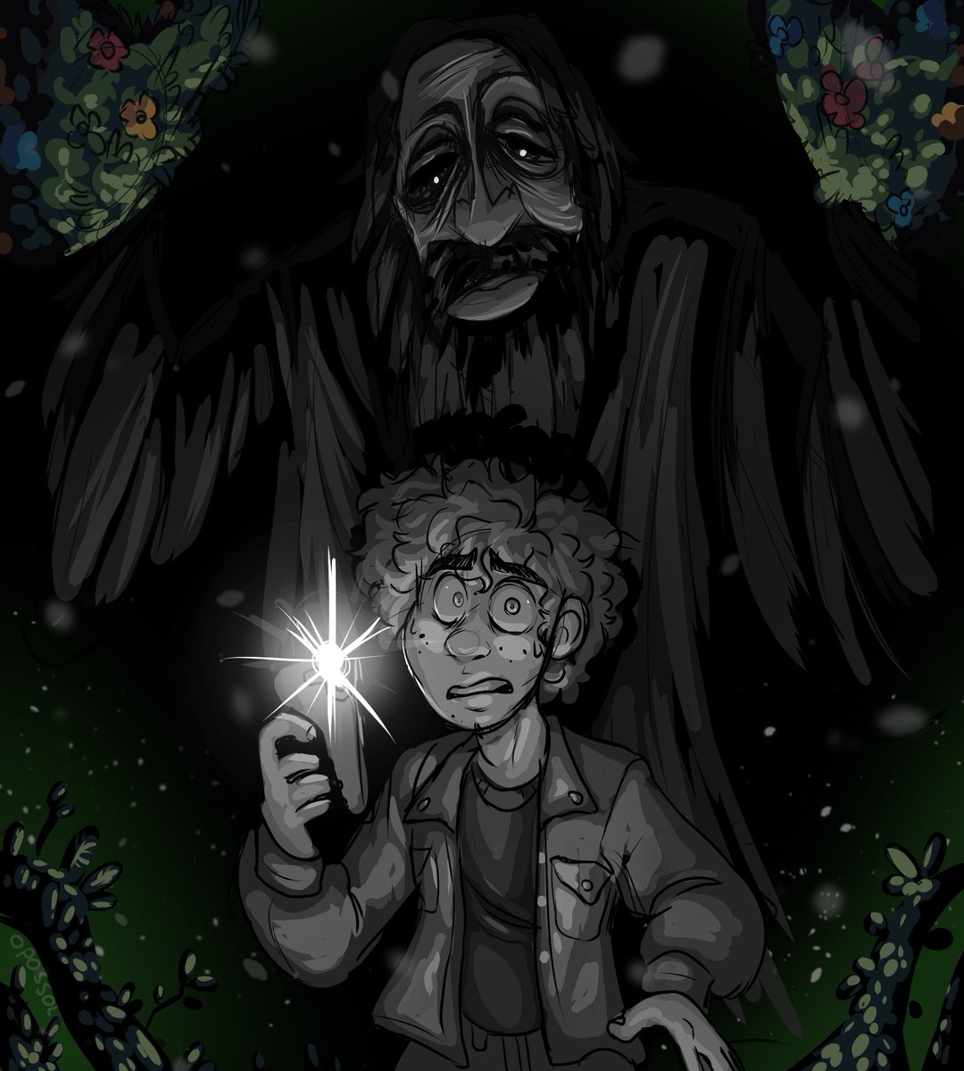 Opossol's tweet photo. I recently watched the new series from Kane Pixels called the Oldest View, and I found it incredibly fascinating, 
I got super lost in my own head  drawing this. I noticed a theme of green plants against grey scale, so I wanted to incorporate that into this piece as well https://t.co/ZitAeR4wNH