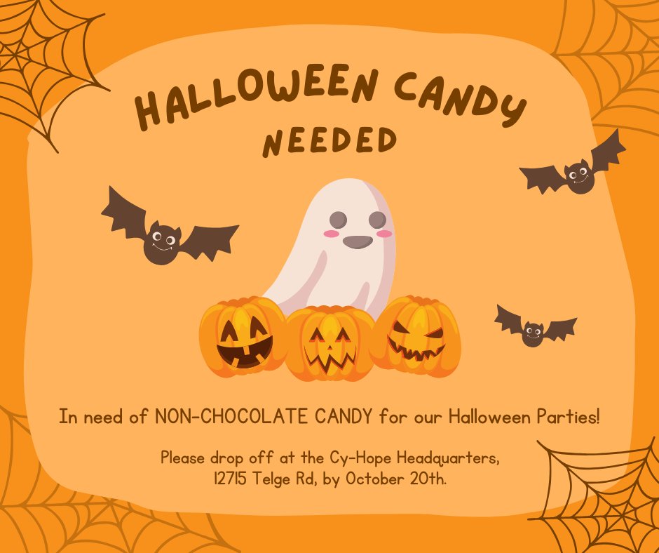 CyHopeTX's tweet photo. 🎃 Candy donations needed! 🎃 Halloween is creeping up, and we're collecting candy for our Hope Centers &amp; Ambassadors of Compassion students! https://t.co/jxN6krcwjy