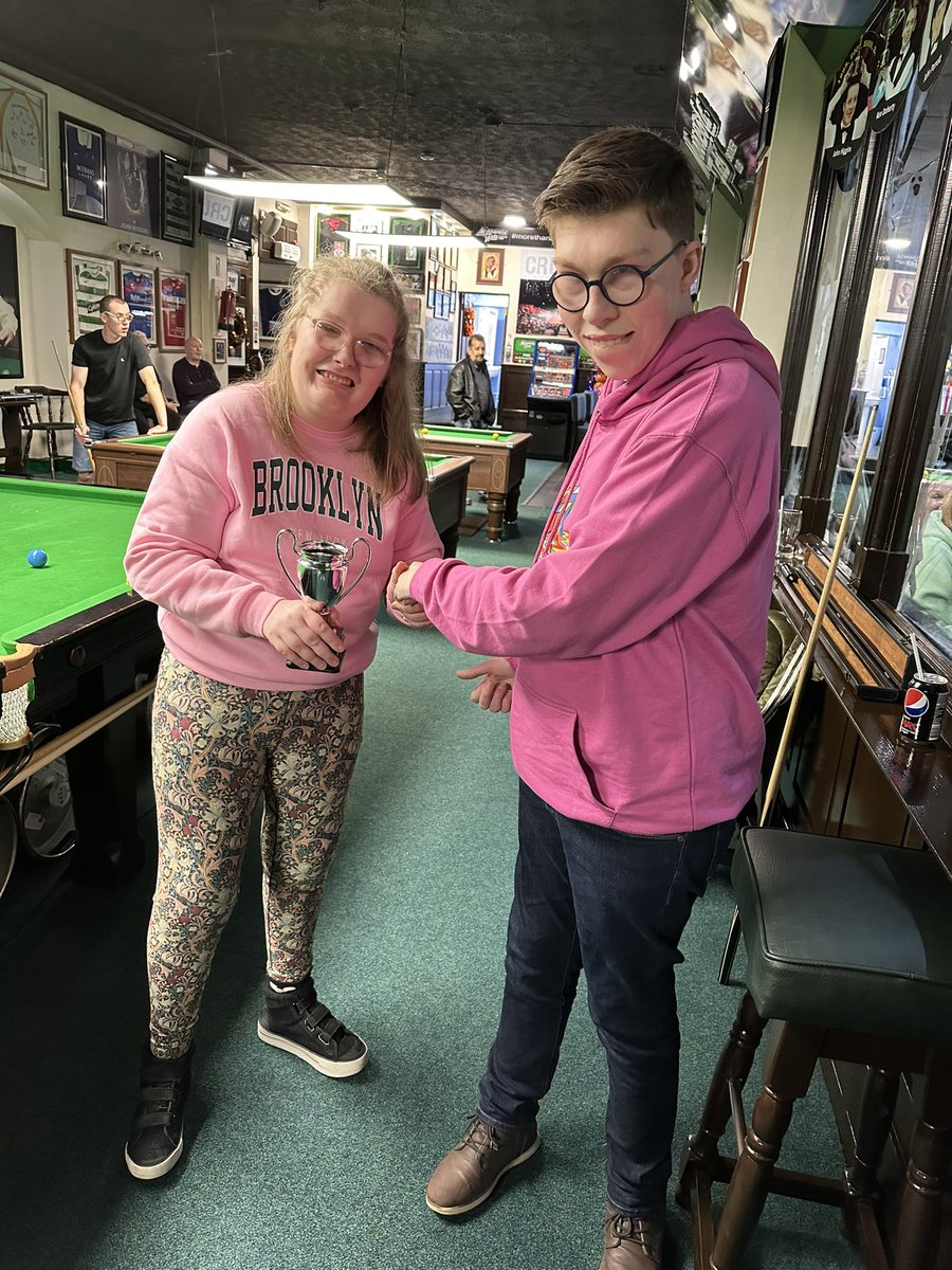 Scottish Snooker Disability Academy @ Minnesota Fats, fantastic night with our Wednesday group everyone having fun playing snooker and pool, tonight’s competition was won by Dean 👏, Maria takes home the weekly trophy & was delighted ,Wednesday night’s in Minnie’s are special ❤️