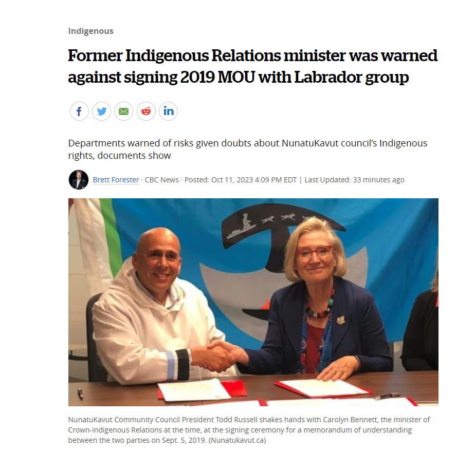 "It's baffling to us and quite upsetting," said Natan Obed, president of the Inuit Tapiriit Kanatami (ITK), of Bennett's decision to sign the MOU before confirming the group's rights.
itk.ca/former-indigen…