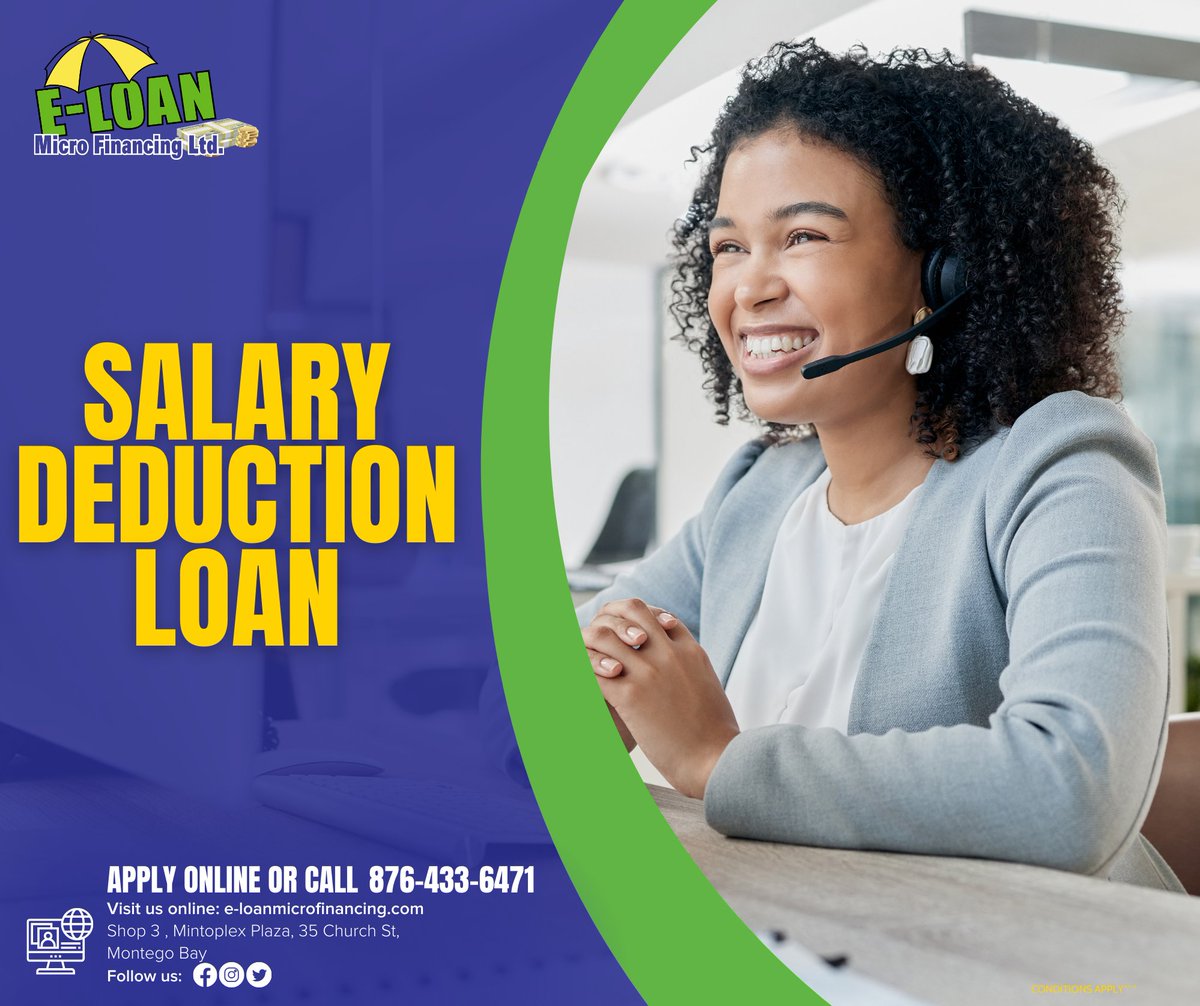 In the event of unanticipated expenses, a Salary Deduction Loan can assist in mitigating the financial burden. Take control of your finances today with our assistance!

#salarydeductionloan #financialmanagement #MoneyWise #eloanmflimited
#jamaicaloancompany #freezonemontegobay