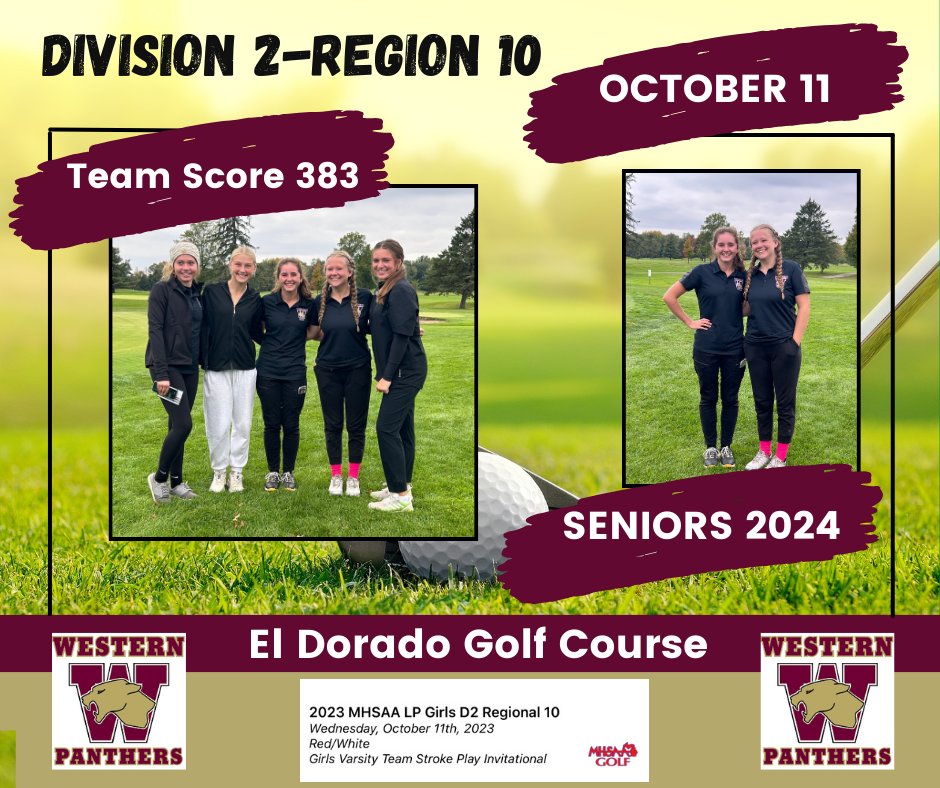 <a href="/GgPanthers/">WHSPanthersGG</a> ended their season at the Division 2 Regional tournament at El Dorado GC. The girls finished in 6th place with a team score of 383. Cami Boldt led the team with 85 (PR). Gabi Davis - 90. Kaia Bruneel - 97. Ashlyn Yeo 111 (PR), &amp; Ava Miller - 112 (PR) #playwithpassion