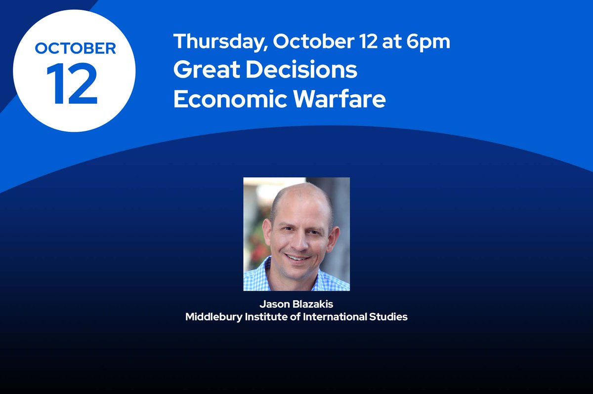 GBH Forum Network (@gbhforumnetwork) on Twitter photo TOMORROW at 6 pm 👉 bit.ly/3LQUUDQ
<a href="/WorldBoston/">WorldBoston</a> hosts a conversation with <a href="/Jason_Blazakis/">Jason Blazakis</a> (<a href="/MIIS/">Middlebury Institute</a> <a href="/CTECMIIS/">CTEC</a>) about economics warfare and how such tools are utilized by states to hinder their enemies.
More info here 👉 bit.ly/3Q3wb1R TOMORROW at 6 pm 👉 bit.ly/3LQUUDQ
<a href="/WorldBoston/">WorldBoston</a> hosts a conversation with <a href="/Jason_Blazakis/">Jason Blazakis</a> (<a href="/MIIS/">Middlebury Institute</a> <a href="/CTECMIIS/">CTEC</a>) about economics warfare and how such tools are utilized by states to hinder their enemies.
More info here 👉 bit.ly/3Q3wb1R