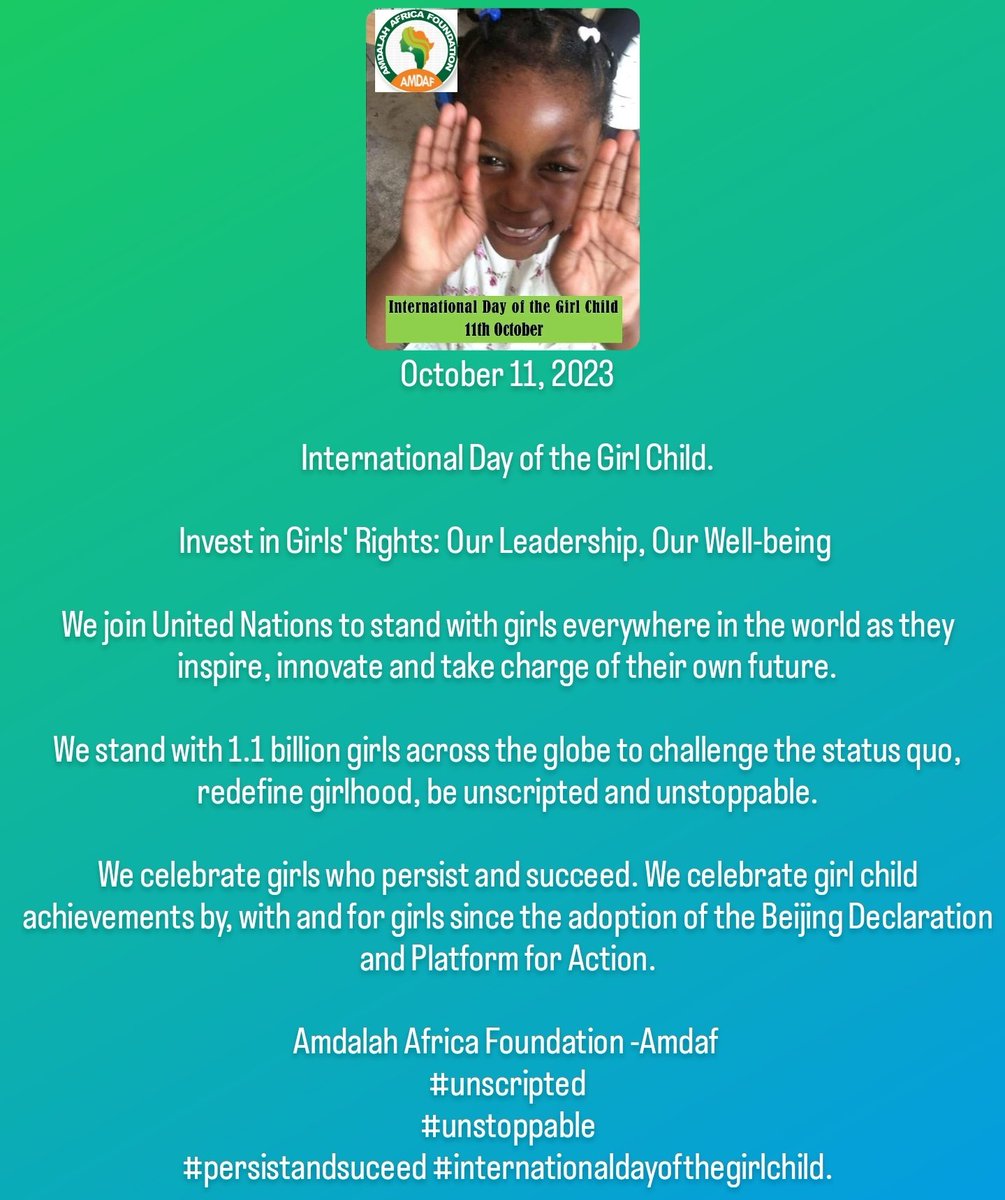 AmdafIreland's tweet photo. October 11, 2023
#InternationalDayoftheGirlChild
Invest in Girls' Rights: Our Leadership, Our Well-being.

We join United Nations to stand with girls everywhere in the world as they inspire, innovate &amp; take charge of their own future @AmdafIreland
#unstoppable
#persistandsucceed https://t.co/hWpWNqB6Ik