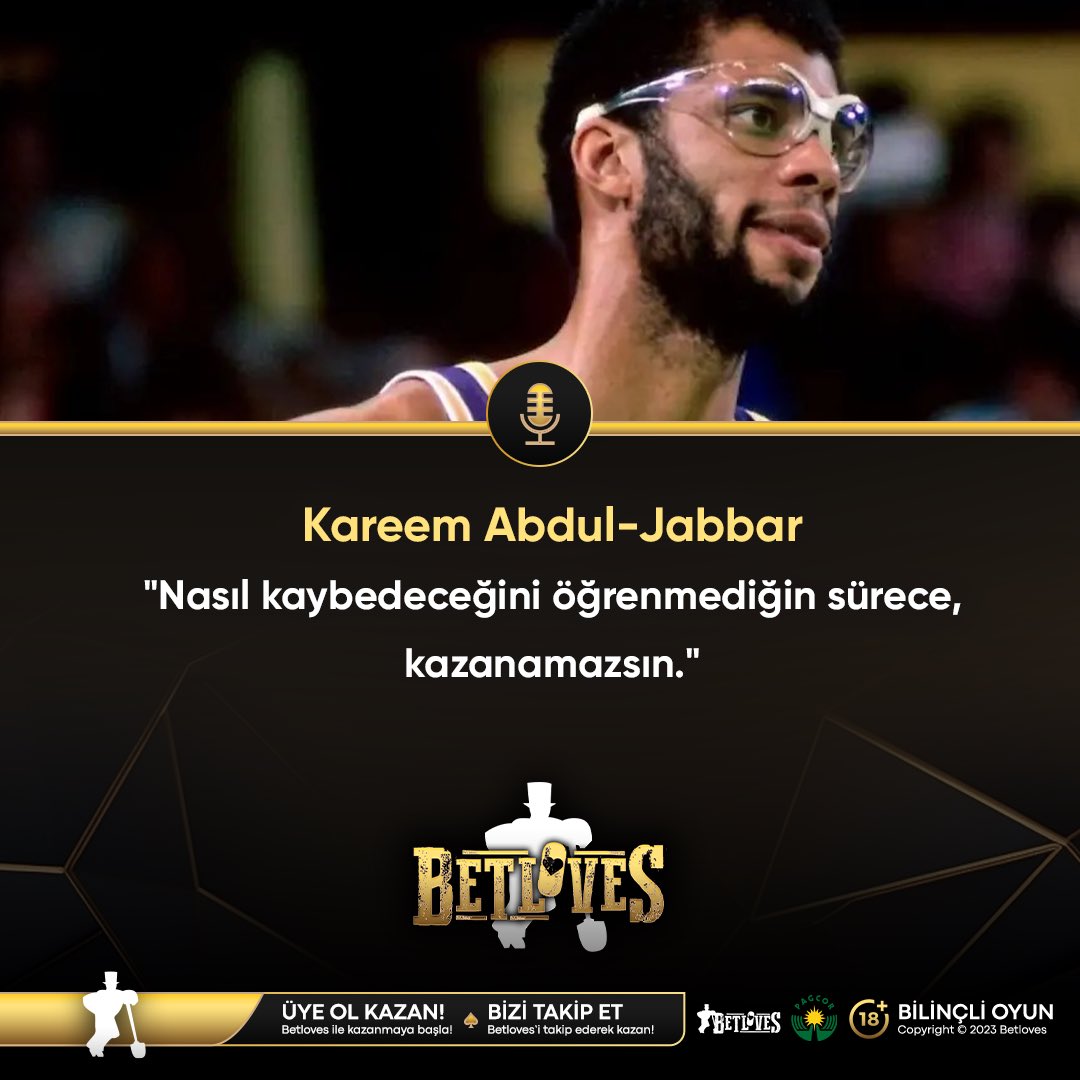 🗣️Kareem Abdul-Jabbar:”Nasıl kaybedeceğini öğrenmediğin sürece, kazanamazsın.”

Betloves giriş➡️betloves.link
#betloves #kareemabduljabbar #nba #eurolig #basketball
