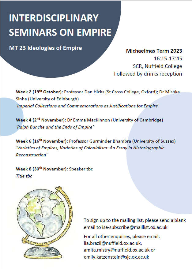 Termcard for the Interdisciplinary Seminars on Empire for MT 23, at Nuffield College, featuring a variety of speakers on 'Ideologies of Empire'