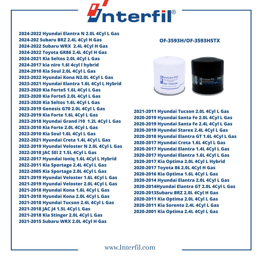 InterfilMexico's tweet photo. Te dejamos la aplicación de nuestro Filtro de aceite OF-3593H/OF-3593HSTX.🚗

Conoce más en:

https://t.co/M5nWoKVu6Z

#FiltrosInterfil https://t.co/AU7k2GN0Er