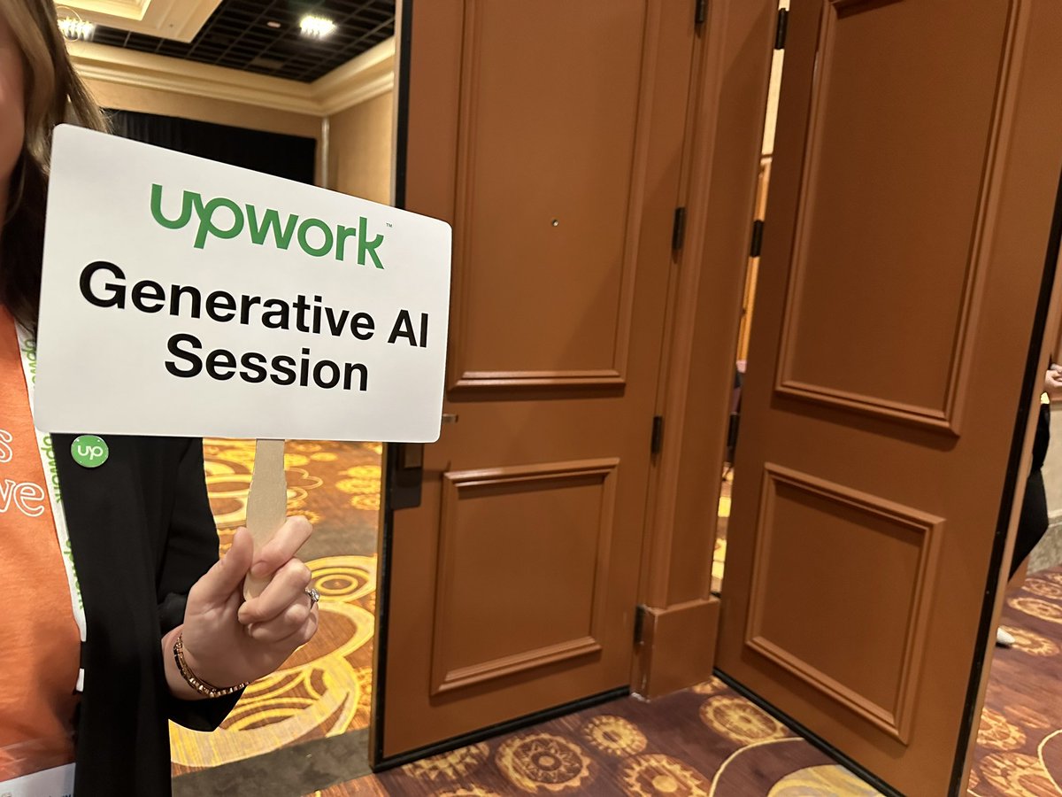 joshaversa's tweet photo. @Upwork  held up this #GenerativeAI sign to advertise their session… Maybe every session at this year’s #HRTechConf should hold up a similar sign. https://t.co/hucpWSPOJq