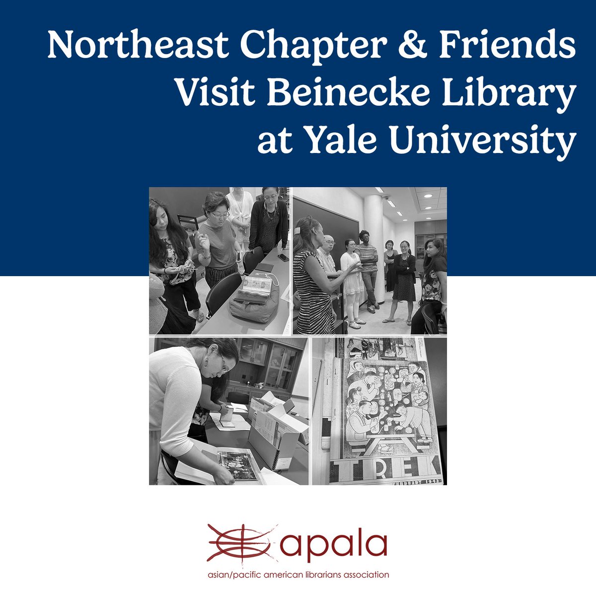 New post on the website! Read about APALA Northeast Chapter members visit to Beinecke Library at Yale University. 10 library professionals frm 4 states visited exhibits, libraries, AAPI collections & met w/ colleagues on a day-long field trip. Read more: apalaweb.org/ne-chapter-fri…