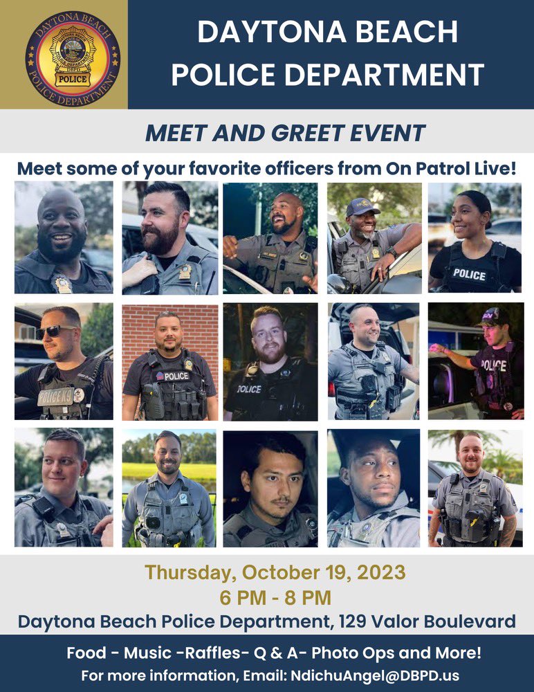 DaytonaBchPD's tweet image. 🎉 Join us for the "On Patrol Live" One-Year Anniversary Celebration! 🎉
We can't believe it's been a year already, and we couldn't have done it without your amazing support!
🚔📺
🗓️ Date: October 19, 2023
🕒 Time: 6PM-8PM
🏢 Location: 129 Valor Blvd
Can’t wait to see you there!